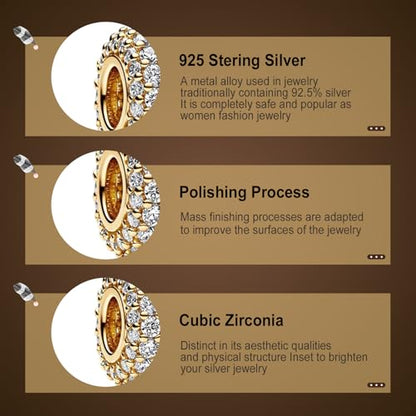 Annmors S925 Clip Spacer Safety Chain Stopper Charms for Pandora, Gift Mom Daughter Friend Sister Wife Grandma Girlfriend Fmaily On Christmas Mothers Valentines Halloween Graduation - color: C01-2pcs Gold Sparkling Pavé Triple-row Spacers