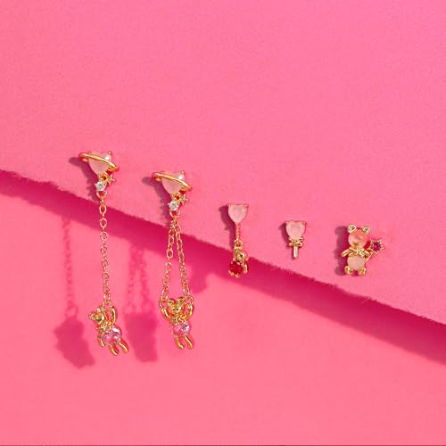 Sterling Silver Earrings Stacks for Women, Hypoallergenic Cartilage Earring | Dainty Stud Huggie Hoop Dangle Chain Earrings, 14K Gold/White Gold Plated - color: 5Pcs Dangle Pink Bear(Single Earring Not a Pair)