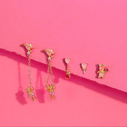 Sterling Silver Earrings Stacks for Women, Hypoallergenic Cartilage Earring | Dainty Stud Huggie Hoop Dangle Chain Earrings, 14K Gold/White Gold Plated - color: 5Pcs Dangle Pink Bear(Single Earring Not a Pair)