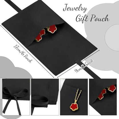 Lucky Flower Alloy Jewelry, Lucky Flower Design Necklace Earrings Bracelet Bangle Ring Jewelry Set, Clover Gold Plated Chain Wrap Ornament & Plush Pouch for Women - color: Red