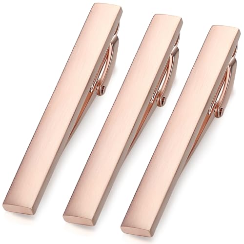 HONEY BEAR 2.12" Standard Tie Clip Bar 3-Piece Set for Men Wedding Business | Classic Minimalist, Steel-Plated Copper Base, Gift-Boxed, Thickened, Rounded Corners, Easy to Slide On, No Snag or Wrinkle - style: Rose Gold Brushed Horizontal with box