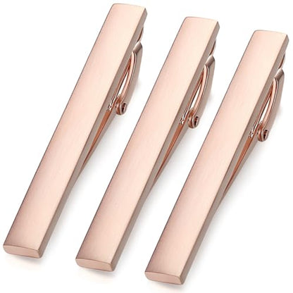 HONEY BEAR 2.12" Standard Tie Clip Bar 3-Piece Set for Men Wedding Business | Classic Minimalist, Steel-Plated Copper Base, Gift-Boxed, Thickened, Rounded Corners, Easy to Slide On, No Snag or Wrinkle - style: Rose Gold Brushed Horizontal with box
