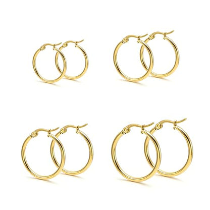 4 Pairs Gold Silver Small Hoop Earrings Huggie for Women Surgical Steel Set | 10/12/14/16 mm, Hypoallergenic, Lightweight Hoop Earrings Set, 14K Gold Silver 316L Stainless Steel, Multiple Piercings - color: Gold/4 Pairs