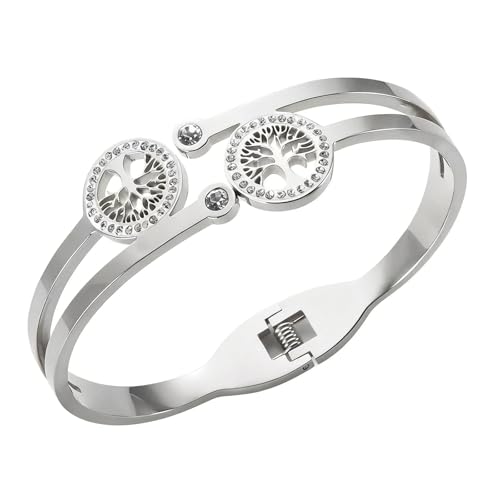 Gold Tree of Life Bangle Bracelet for Women, 18K Gold Plated Stainless Steel Double Layer Spring-Open Bangle, Meaningful Dainty Jewelry Gift - color: TREE SILVER