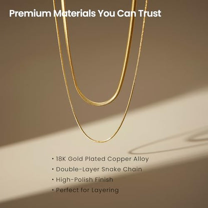 ARSIS 18K Gold Plated Herringbone Necklace Snake Chain Choker Dainty Layered Hypoallergenic Jewelry Gift for Women - color: Gold Double Layer