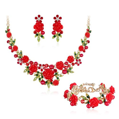 EVER FAITH Costume Jewelry Crystal Simulated Pearl Rose Flower Leaf Prom Party Statement Necklace Earrings Bracelet Set for Women - color: Red Gold-Tone