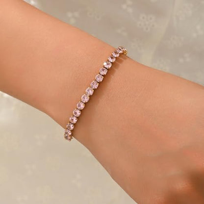 18K Gold Plated Tennis Bracelets for Women, Adjustable Cubic Zirconia Bracelet with Multi-color 4mm CZ Diamond Paperclip Chain, Dainty Trendy Birthday Bridal Jewelry Gifts for Women Daily Party Wear - color: Pink