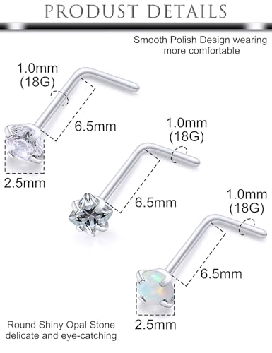 Hoeudjo Opal Nose Studs Surgical Steel Nose Rings Studs Cubic Zirconia L Shaped Nose Piercing Jewelry for Women 20G 18G - color: L-shape nose studs,18g