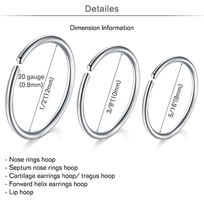 MODRSA 20g Nose Rings Hoops Nose Studs for Women Surgical Steel Hypoallergenic 20 Gauge Nostril Piercing Jewelry L Shape Crokscrew Silver Rose Gold Black Hoop Nostril Rings for Men - color: L Shape 20g - Silver, Rose Gold, Black, Rainbow