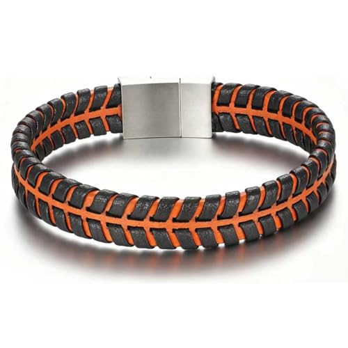 Men's Leather Bracelet, Stackable Stainless Steel Clasp Bracelets for Men Stylish Birthday, Thanksgiving, Valentine's Day Gift for My Man (8.4" Orange and Black) | Men's Accessory, Leather Band, Stainless Steel, Wrist Bracelet