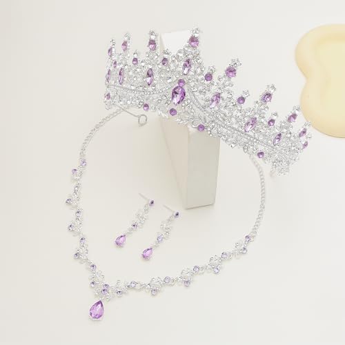 Crystal Crown Jewelry Set for Women Bride Queen Tiara Earrings and Necklace | Metal Royal Crown Costume Jewelry Set Wedding Prom Quinceanera Party Pageant Halloween Retirement Christmas Birthday Gift - color: Silver Purple