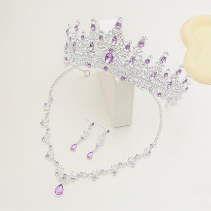 Crystal Crown Jewelry Set for Women Bride Queen Tiara Earrings and Necklace | Metal Royal Crown Costume Jewelry Set Wedding Prom Quinceanera Party Pageant Halloween Retirement Christmas Birthday Gift - color: Silver Purple