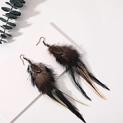 Bohemian Long Feather Earrings for Women Handmade Natural Dangle Tassel Jewelry - color: Style F