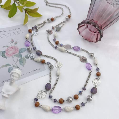 Bocar Long Necklaces for Women Trendy, Boho Layered Crystal Beaded Collar Necklaces for Women, Fashion Statement Necklaces Jewelry - color: Purple