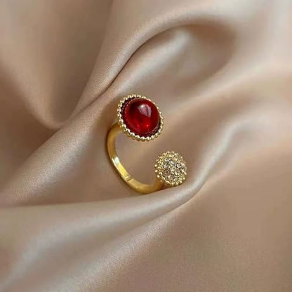 Round Red and Crystal Stone Statement Ring for Women Gold Plated Adjustable Expandable Retro CZ Open Wrap Finger Rings Comfort Fit Vintage Boho Wedding Christmas Anniversary Jewelry
