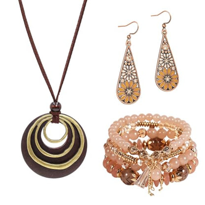 Western Jewelry Sets for Women Boho Jewelry, Layer Bohemian Necklace Earrings Bracelet, Cowgirl Accessory Rodeo Summer Beach - color: Brown 2