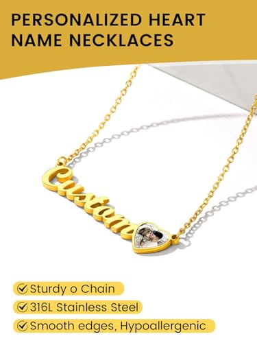 GoldChic JEWELRY Name Necklace Personalized for Men, Womens Custom Name Plate Chain, Stainless Steel Customized Old English Nameplate Choker with Curb Chains Custom, 16 inches to 30 inches - color: Photo & Rolo Chain 1.8 mm -Gold