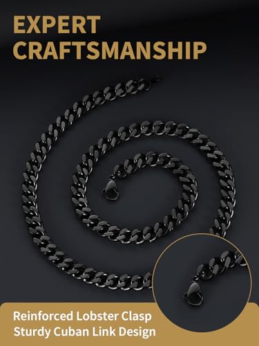 FindChic Men Curb Chain Necklace 18K Gold Plated/Stainless Steel/Black Chunky Double Tight Cuban Link Hip Hop Neck Chains for Men Boys 3.5MM/5MM/6MM/7MM/9MM/12MM 14''-30'' 8 Length Options (Send Gift Box) - color: A.9mm Width-Black, size: 28 inches