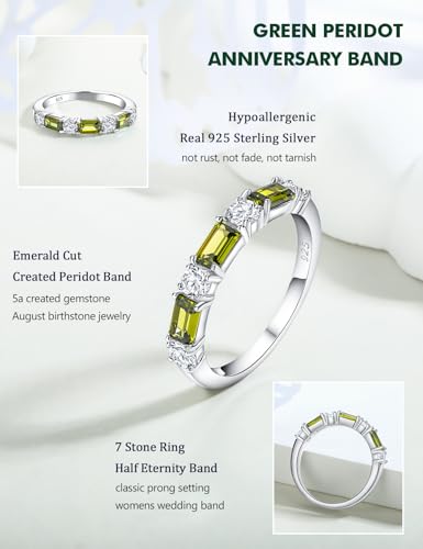 3.5mm Half Eternity Band Sterling Silver Rings for Women Sapphire/Ruby/Emerald and Cz Wedding Bands 7 Stone Stackable Birthstone Ring Anniversary Jewelry Size 6-10 - color: 08-Peridot-Aug.