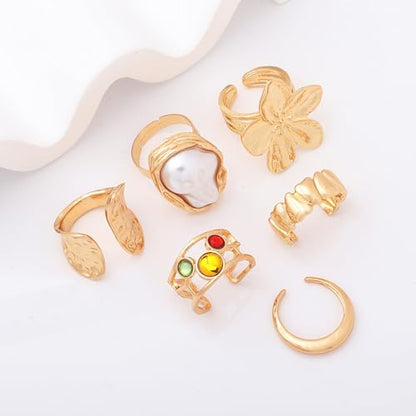 3/6 PCS Silver Chunky Pearl Rings Set for Women Gold Baroque Pearl Flower Open Ring Adjustable Crystal Large Ring Set Personalized Statement Knuckle Rings Fashion Costume Jewelry Accessories - color: crystal gold