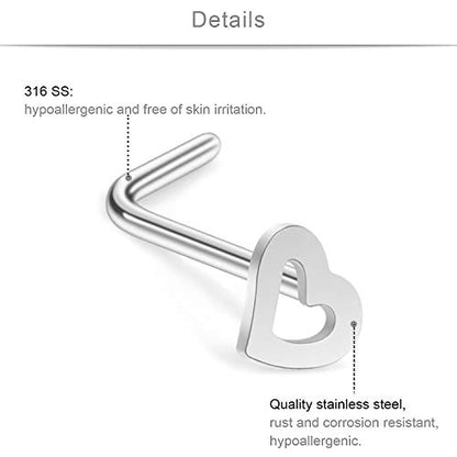 SCERRING 20G 18PCS Stainless Steel Heart Bone L Shaped Screw Nose Stud Rings Piercing Jewelry 2mm Cubic Zirconia - style: 18PCS - L Shaped