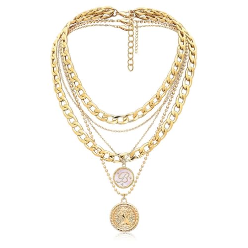 MJartoria Layered Necklaces for Women Trendy Retro Mother of Pearl Coin Letter Pendant Necklace Dainty Chunky Chain Choker Necklaces for Jewelry Birthday Gifts - style: B