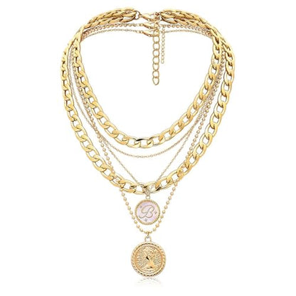 MJartoria Layered Necklaces for Women Trendy Retro Mother of Pearl Coin Letter Pendant Necklace Dainty Chunky Chain Choker Necklaces for Jewelry Birthday Gifts - style: B