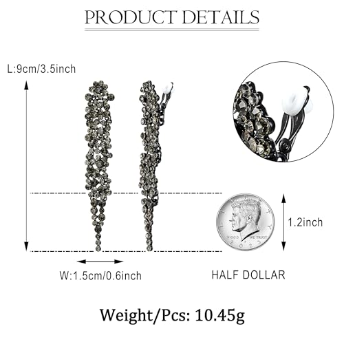 EVER FAITH Rhinestone Crystal Art Deco Statement Clip-on Earring, Wedding Prom Long Chandelier Dangle Earrings for Women - color: Gray Black-Tone