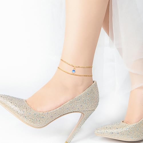 MIXJOY Something Blue Gift for Bride - Gold Double-Layer Wrist Chain Anklet with Blue CZ, Minimalist Round Gem Anklet for Bridal Shower, Bachelorette Party, Summer Beach Engagement Jewelry for Brides