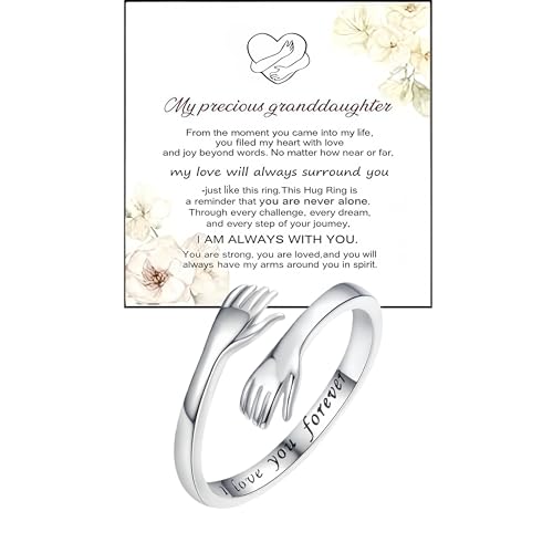 Granddaughter Daughter Hug Ring For Hope Rings, Stainless Steel Inspirational Jewelry Engraved Always With You Love You Forever Message Adjustable Non Tarnish Jewelry Birthday Gift Card - color: LYF(Flower Card)
