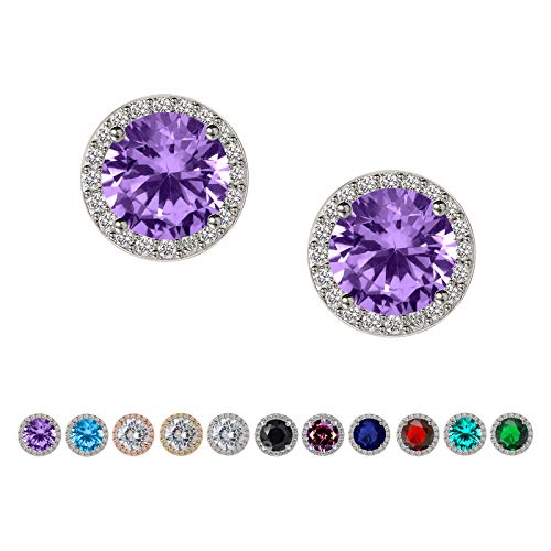 SWEETV Cubic Zirconia Stud Earrings, 8mm Round Cut, Rhinestone Hypoallergenic Earrings for Women & Girls | 9mm Round Cut Hypoallergenic 925 Sterling Silver Stud Earrings for Bridal Bridesmaid Prom Weddings Parties,Silver - color: 09.Violet