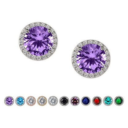 SWEETV Cubic Zirconia Stud Earrings, 8mm Round Cut, Rhinestone Hypoallergenic Earrings for Women & Girls | 9mm Round Cut Hypoallergenic 925 Sterling Silver Stud Earrings for Bridal Bridesmaid Prom Weddings Parties,Silver - color: 09.Violet