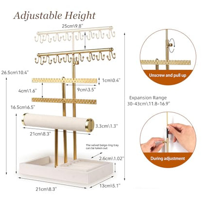 3 Tier Jewelry Organizer Stand with Ring Tray - Adjustable Tall 17.7" (Max), Jewelry Holder for Necklace, Bracelet, Earring, Ring Storage, Jewelry Display Storage Stand for Women