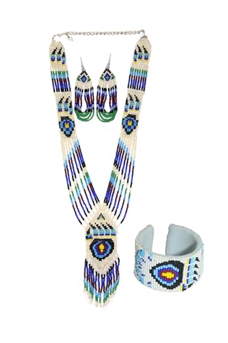 Long Beaded Necklace – Boho Native Handmade Seed Bead Tassel Necklace, Bohemian Large Statement Beaded Necklace for Women - color: Cream