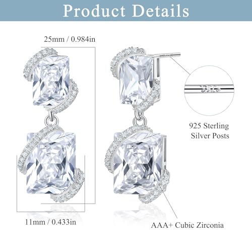 Gemsme Bridal Wedding Earrings for Brides Bridesmaides, 925 Sterling Silver Posts hypoallergenic Cubic Zirconia stud,Drop & Dangle Earrings for Women Jewelry Gifts - color: White - Square Shape