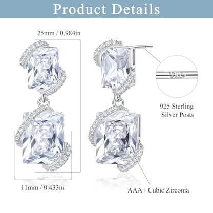 Gemsme Bridal Wedding Earrings for Brides Bridesmaides, 925 Sterling Silver Posts hypoallergenic Cubic Zirconia stud,Drop & Dangle Earrings for Women Jewelry Gifts - color: White - Square Shape