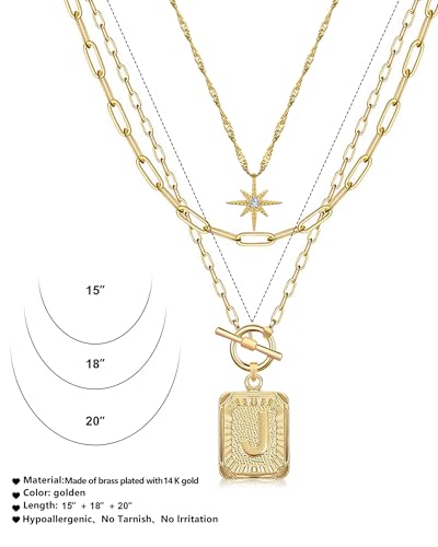 MJartoria Layered Initial Necklaces for Women | 14K Gold Plated Brass, Star Choker, Square Letter Pendant, Paperclip Chain - color: Gold, style: J