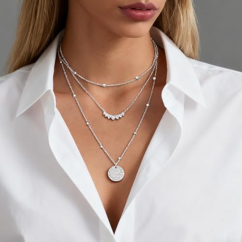 Silver Plated Layered Choker Necklaces, Dainty Stackable Coin Chain Pendant Necklace, Trendy Fashion Jewelry Holiday Birthday Gift for Women