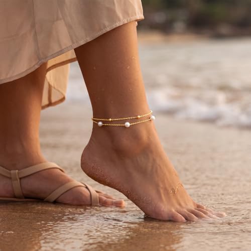 Dainty Layered Ankle Bracelets for Women Waterproof, 14K Gold/Silver Plated Anklets Beaded Satellite Chain Ankle Bracelet Set Trendy Beach Summer Fashion Jewelry Gift - style: Style 6