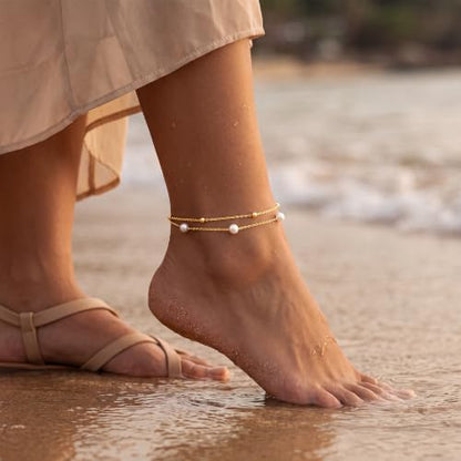 Dainty Layered Ankle Bracelets for Women Waterproof, 14K Gold/Silver Plated Anklets Beaded Satellite Chain Ankle Bracelet Set Trendy Beach Summer Fashion Jewelry Gift - style: Style 6