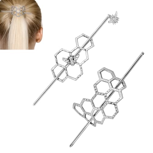 Honeycomb Hair Clips Slide Hairpins, Minimalist Bee Hair Pin Barrette with Stick, Bee Lovers Gift Metal Hair Slide with Stick, Creative Hair Accessories for Women Girls Gifts (Silver) - color: Silver