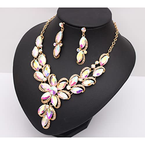 Jewelry Set for Women Rhinestone Austrian Crystal Statement Flower Necklace Link Bangle Bracelet Dangle Earrings Rings Allergy Free Wedding Party Jewelry Set for Bridal Bridesmaid - color: AB Crystal-Gold Plated