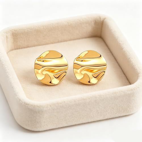 Gold Statement Earrings For Women, 14K Gold Plated Textured Geometric Drop Earrings - Hypoallergenic Stainless Steel Statement Earrings for Women, Waterproof Fan-Shaped Dangle Earrings for Beach & Daily Wear - color: Disc DKE25215GL