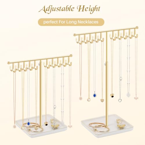 Necklace Holder Elegant Jewelry Holder Stand, Gold Necklace Organizer Rack with Ceramic Base Adjustable Jewelry Tree for Bracelets, Rings, Earrings Necklaces Hanger Display(Gold)