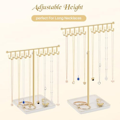 Necklace Holder Elegant Jewelry Holder Stand, Gold Necklace Organizer Rack with Ceramic Base Adjustable Jewelry Tree for Bracelets, Rings, Earrings Necklaces Hanger Display(Gold)