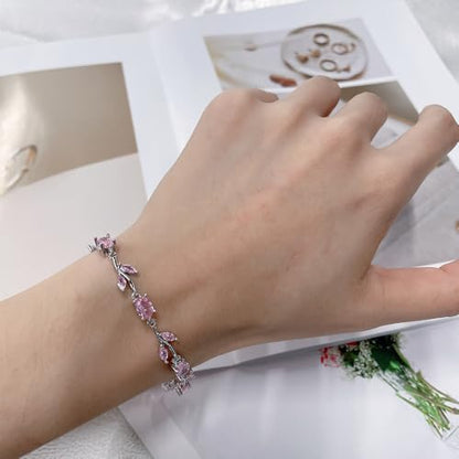 Dainty Crystal Flower Leaf Bracelet for Women Gold-Tone/Silver Plated Sparkling Oval Cz Cubic Zirconia Floral Tennis Bracelets Sweet Fine Bridal Wedding Party Prom Fashion Jewelry 7.28inch - color: Silver