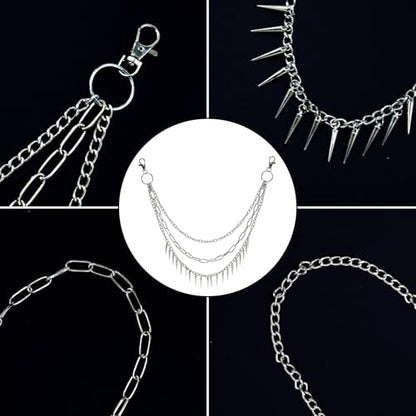 Hip Hop Punk Pants Chain Wallet Chain, Unisex Rivet Spike Jeans Pocket Chain Goth Belt Chain for Women Men Biker Rocker Pants Accessories - color: 【Chain-03】3-Layer Spike（Silver）