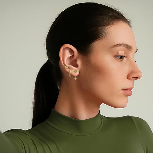 3 Pairs Dainty Small Earrings Set for Women Trendy, Birthstone Stud Huggie Hoop Jacket Stack for Cartilage Helix, Gold Plated Hypoallergenic Cute Women Fashion Accessories Western Jewelry Gifts - color: 08Olive Green Created Peridot-Aug (Gold)