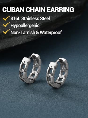 PROSTEEL Stainless Steel Huggie Hoop Earrings for Mens Gold/Black/Silver | Skull/Infinity Pattern, Spike/Cuban Links 4 Design Options Hypoallergenic Lightweight Earring Hip Hop Punk Gothic Jewelry - style: Cuban Links-Silver