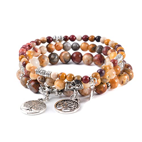 YGLINE Tree of Life Yoga Healing Stone Bracelets,Multilayer Lotus Chakra Stone Reiki Bracelet Sets,Anxiety Crystal Natural Stone,for Women Stress Relief - color: Crazy Agate-3w